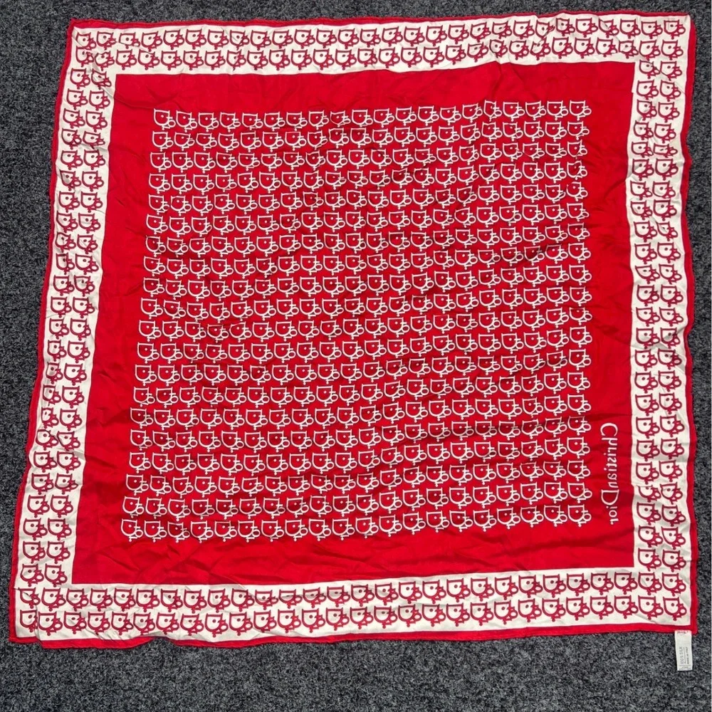 Vintage Christian Dior Scarf Womens OS Red Silk Monogram Logo Square Neck Luxury